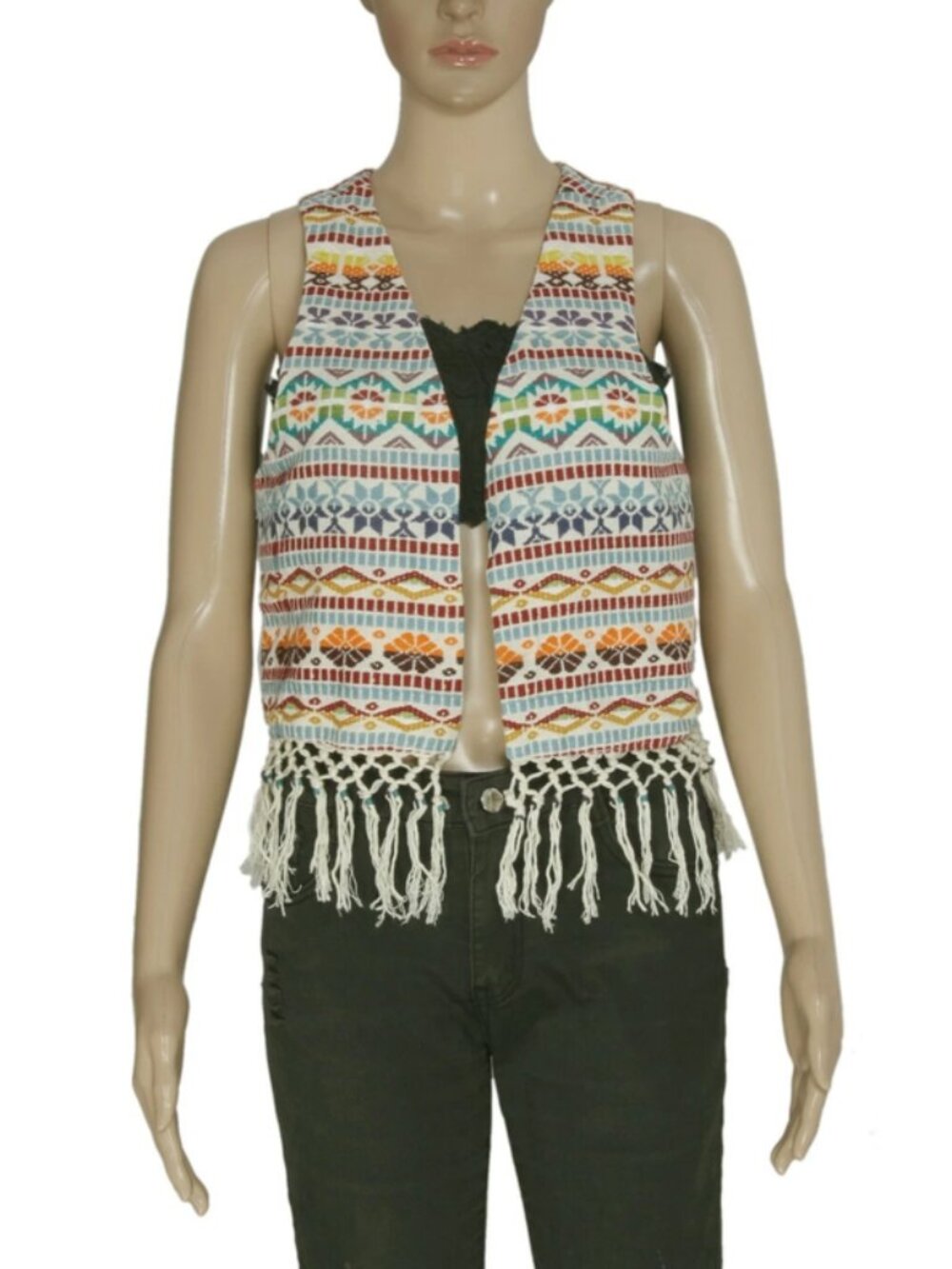 Tamara Multi Embroidered Open Front Fringes Crochet Jacket Vest Top S